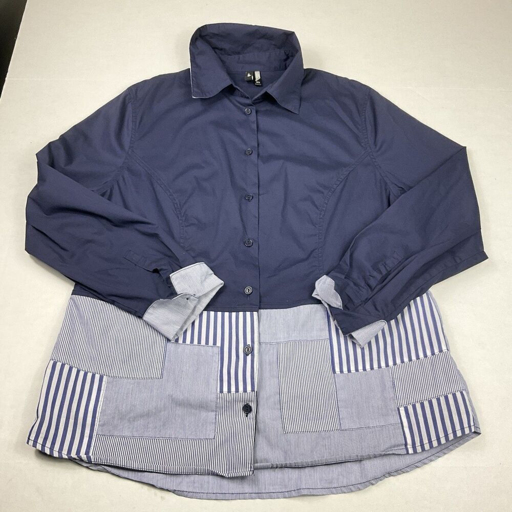 Ravel Womens Button Down Shirt Striped Patchwork Long Sleeve Casual Work Top M